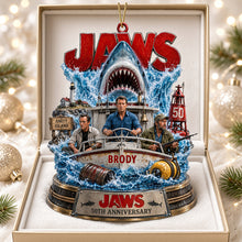 Load image into Gallery viewer, “Courage Meets Adventure” - Personalized Jaws 50th Anniversary Ornament - Custom Gift for Movie Lovers, Families, and Friends Ornament PopCulturePrints
