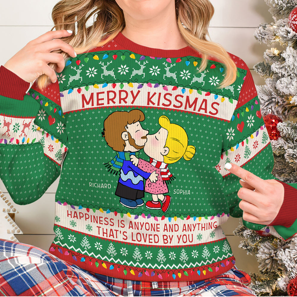 Custom Cartoon Couple Ugly Christmas Sweater - Merry Kissmas Edition