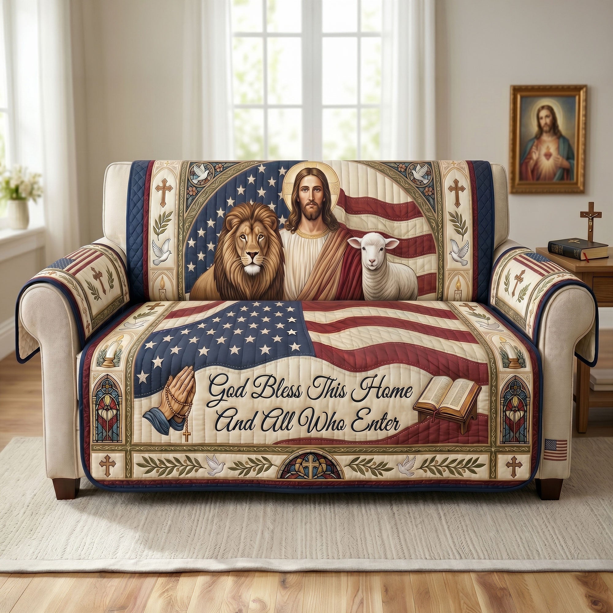God Bless This Home And All Who Enter - Personalized Quilted Sofa Cover