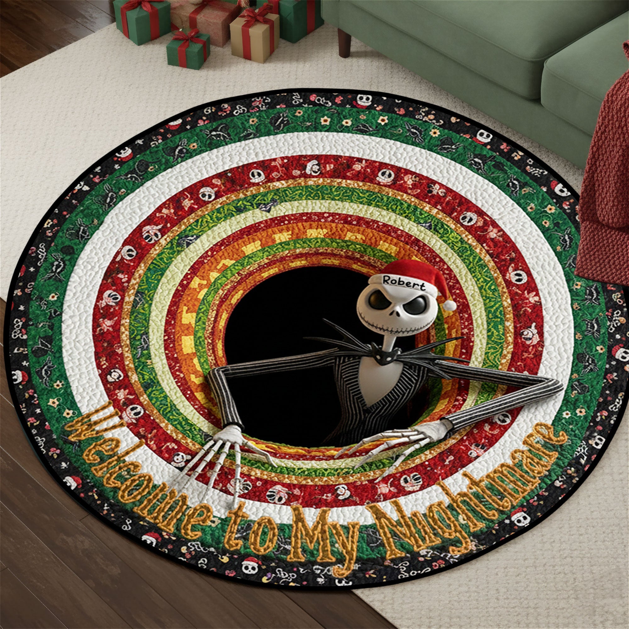 “Embrace the Spooky Spirit!” - Personalized Quilted Round Mat for Horror Fans - Unique Christmas Gift for Your Favorite Nightmare Enthusiasts Doormat PopCulturePrints