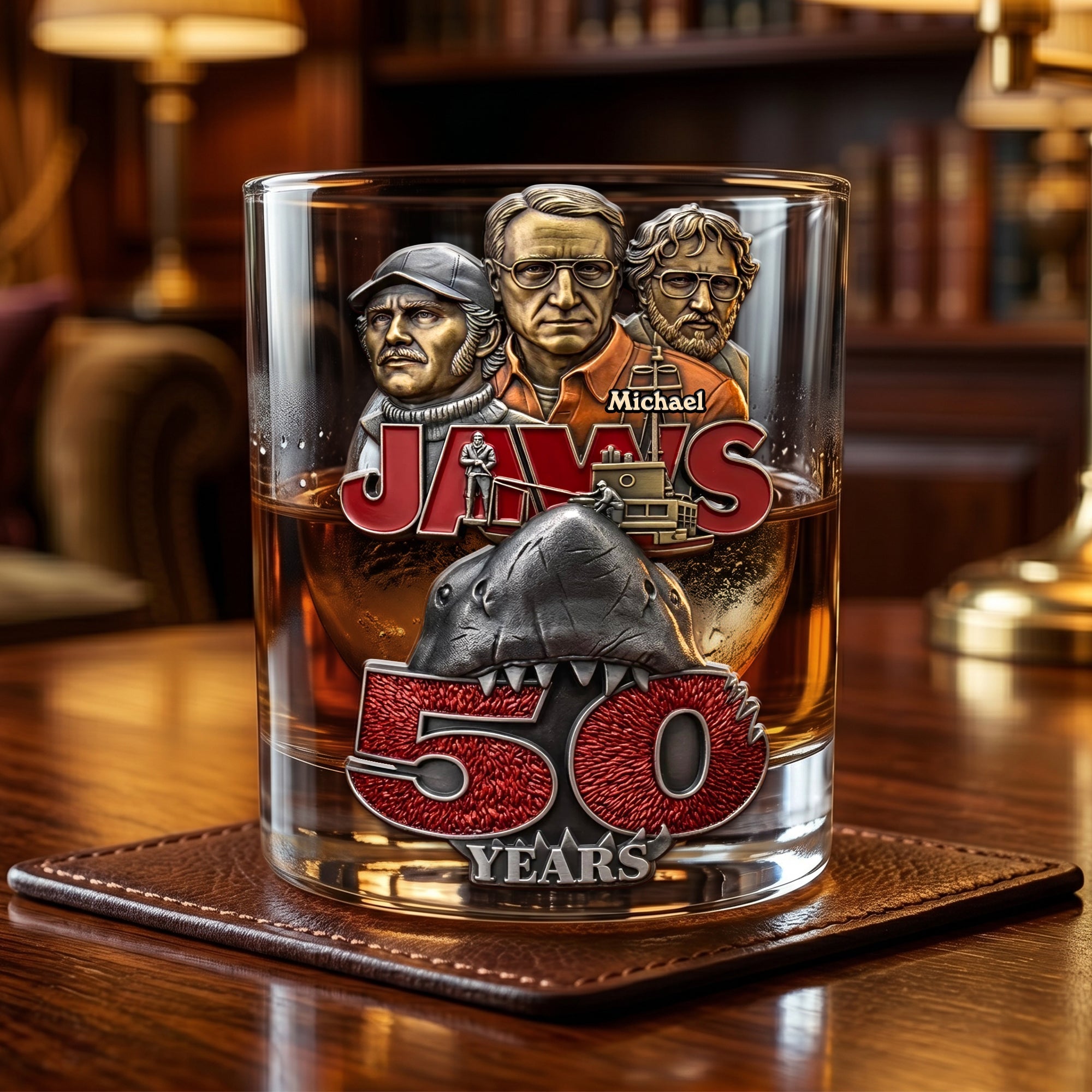 "Celebrate 50 Years of Ocean Thrills!" - Personalized Round Glass Gift for Fans of the Iconic Movie