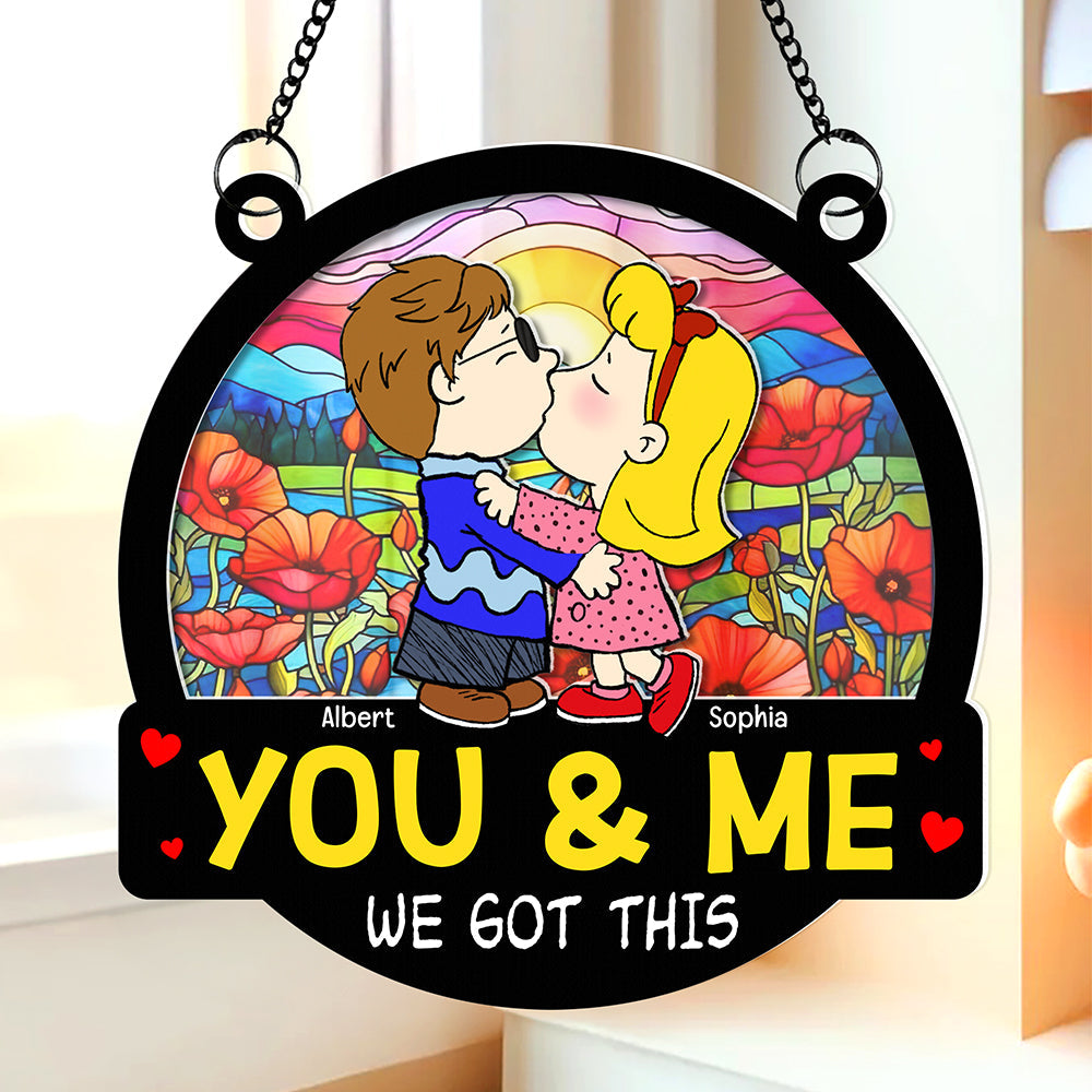 Personalized Cute Cartoon Couple Kissing Suncatcher Ornament