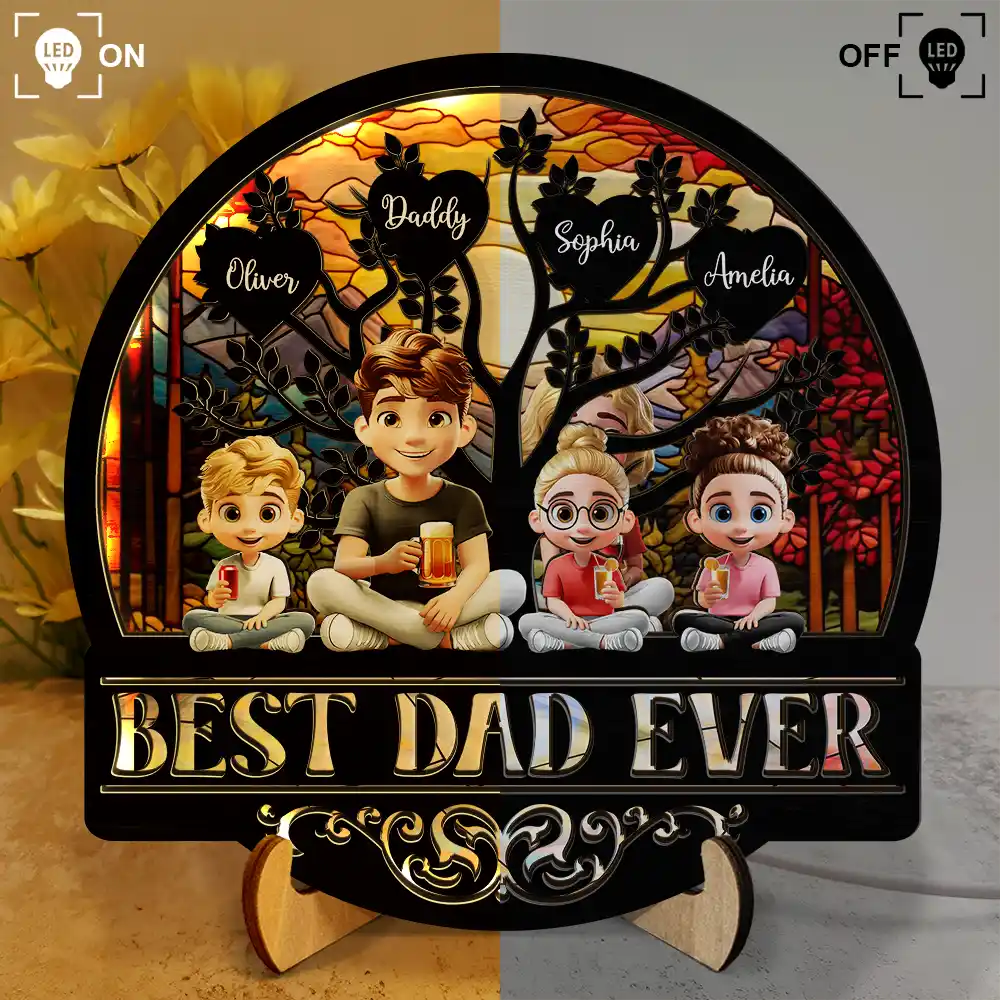 Best Dad Ever - Personalized LED Light Wooden Plaque - Gift for Dad, Grandpa, & All Fathers LED Light Wooden Plaque PopCulturePrints