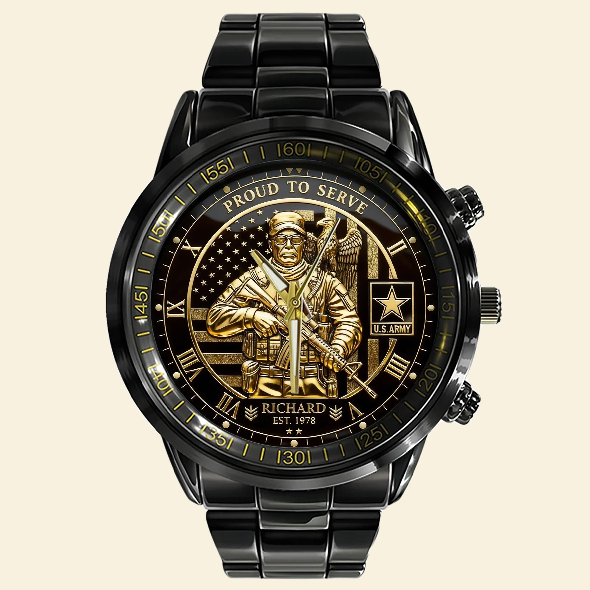 “Proud To Serve” - Personalized Stainless Steel Men's Watch - A Meaningful Gift for Veterans Men's Watch PopCulturePrints