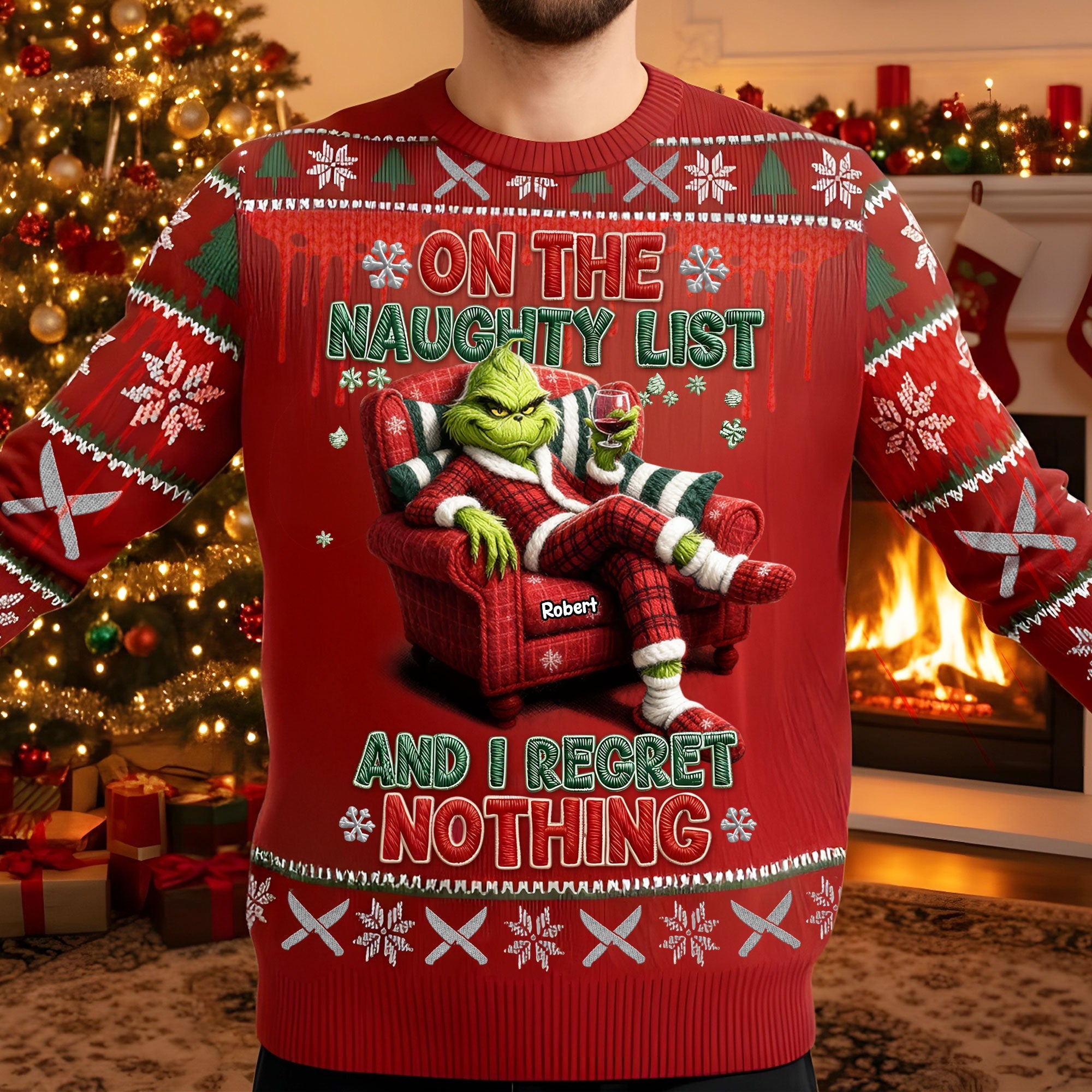 "On the Naughty List and I Regret Nothing" - Chilling Horror Guy Ugly Sweater - Personalized Christmas Gift for Horror Fans AOP Products PopCulturePrints