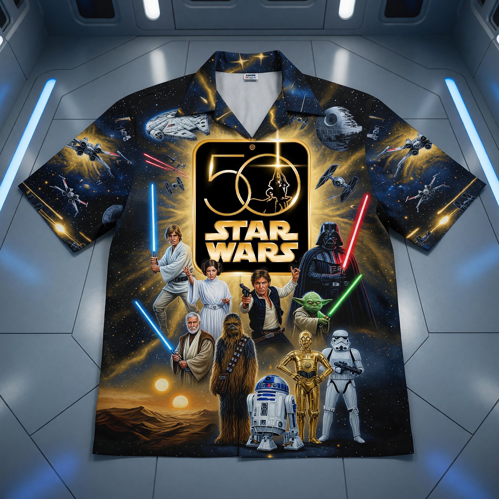 "Celebrate 50 Years of Cosmic Adventure!" - Personalized Hawaiian Shirt - Perfect Gift for Star Wars Fans, Friends, and Family