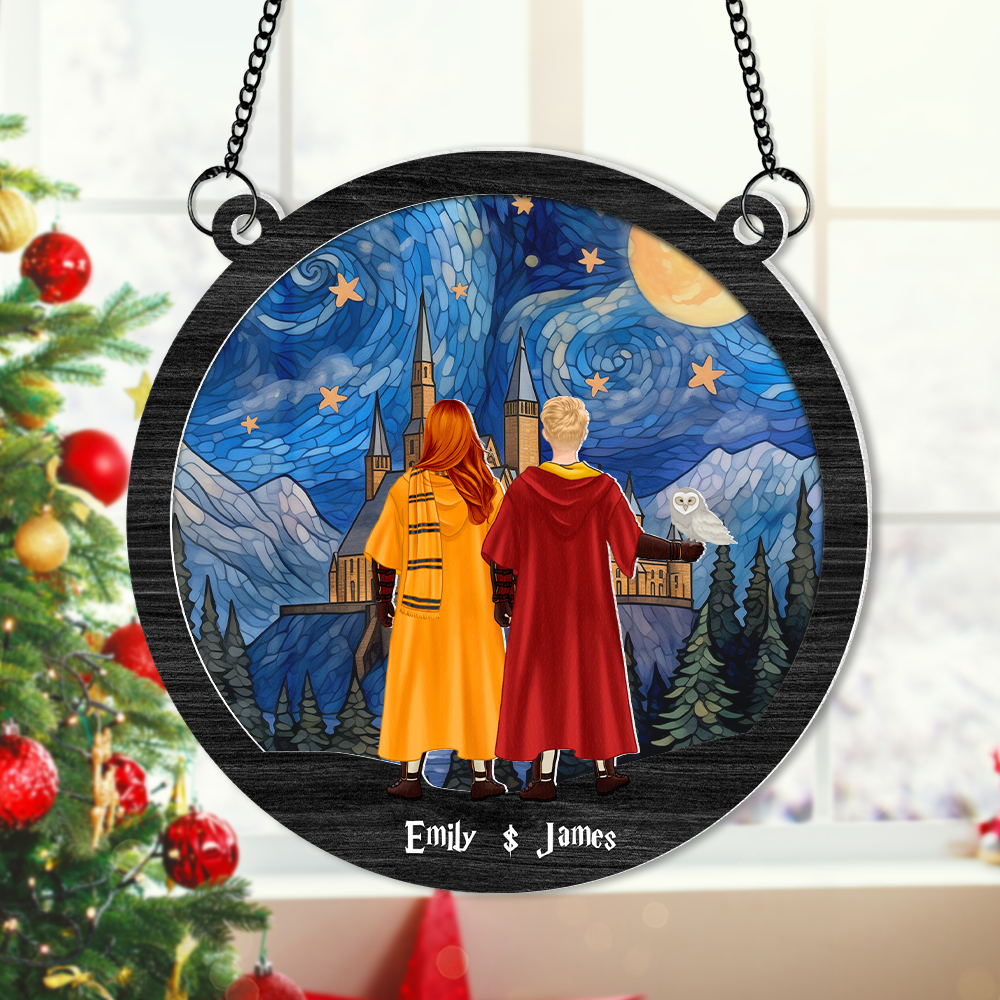 Personalized Wizard Couple Suncatcher Ornament - Custom Names and Design