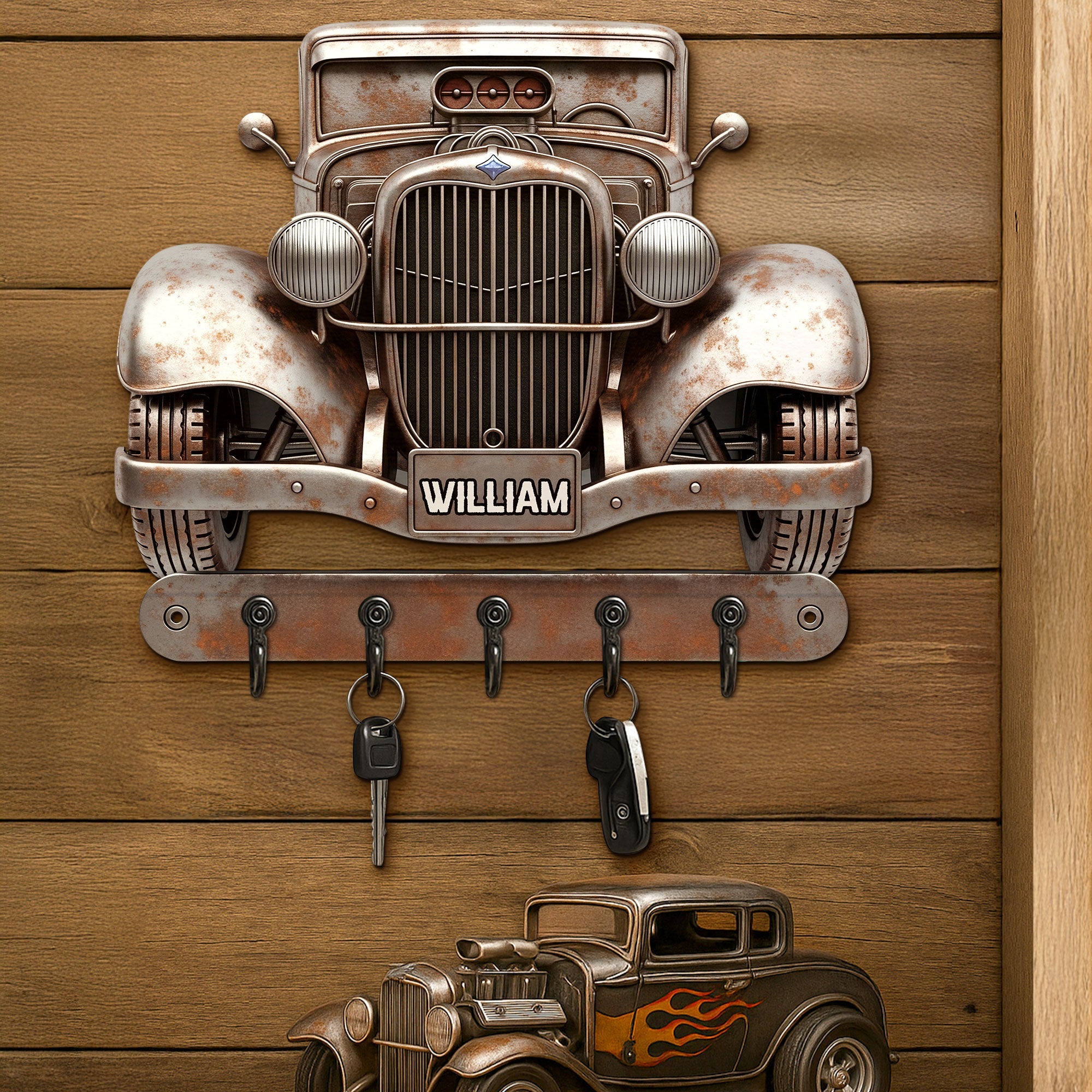 Rev Up Your Space: Personalized Hot Rod Key Hanger - Perfect Gift for Car Enthusiasts Wood Sign PopCulturePrints