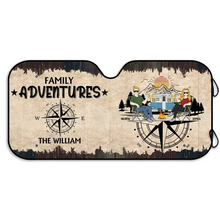 Load image into Gallery viewer, Family Adventures Camping - Personalized Auto Sunshade Auto Sunshade PopCulturePrints
