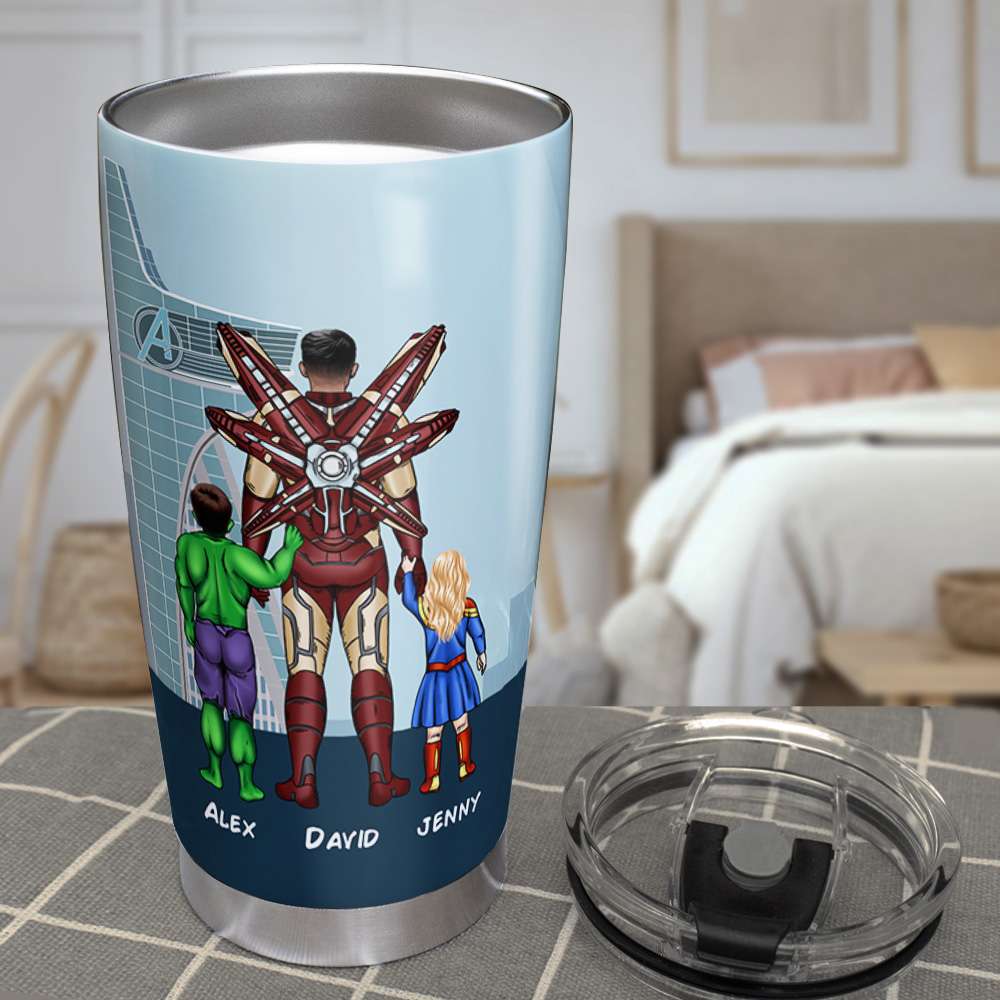 Iron Dad Personalized Tumbler with Superhero Kids - We Love You 3000