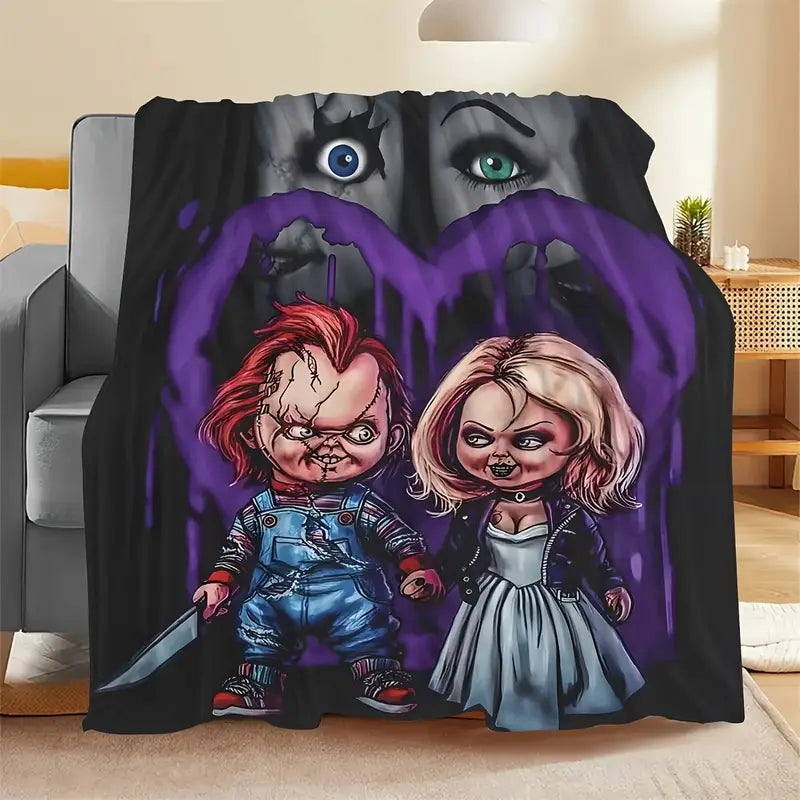 "Perfectly Creepy for the Spooky Lovers" - Creepy Doll Couple Horror Blanket - Personalized Gift for Halloween Enthusiasts, Couples, and Horror Fans Blanket PopCulturePrints