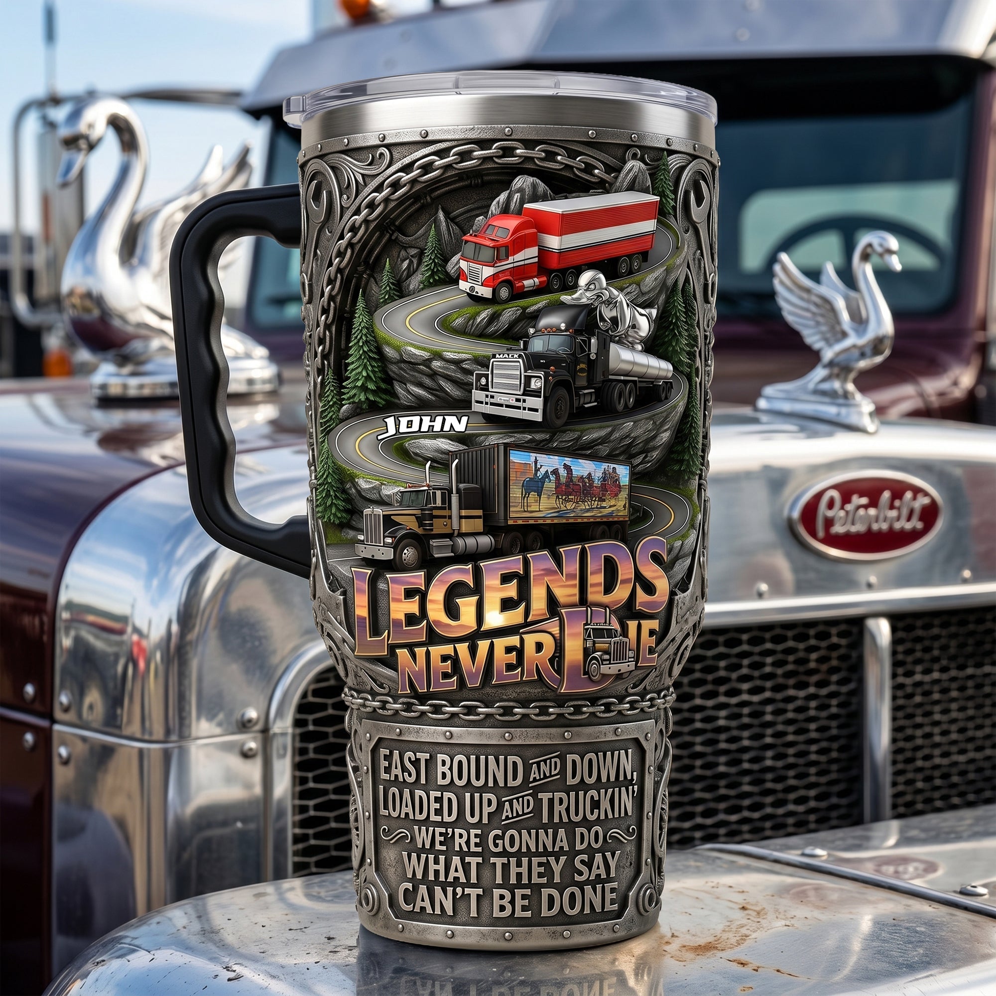 Legends Never Die - Personalized Classic Semi-Truck 40oz Tumbler with Handle Tumbler Cup PopCulturePrints