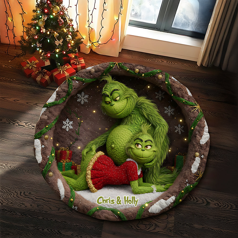 “Celebrate Love with a Grinchy Twist!” - Personalized Green Goblin Quilted Round Mat - Custom Gifts for Couples and Friends Doormat PopCulturePrints