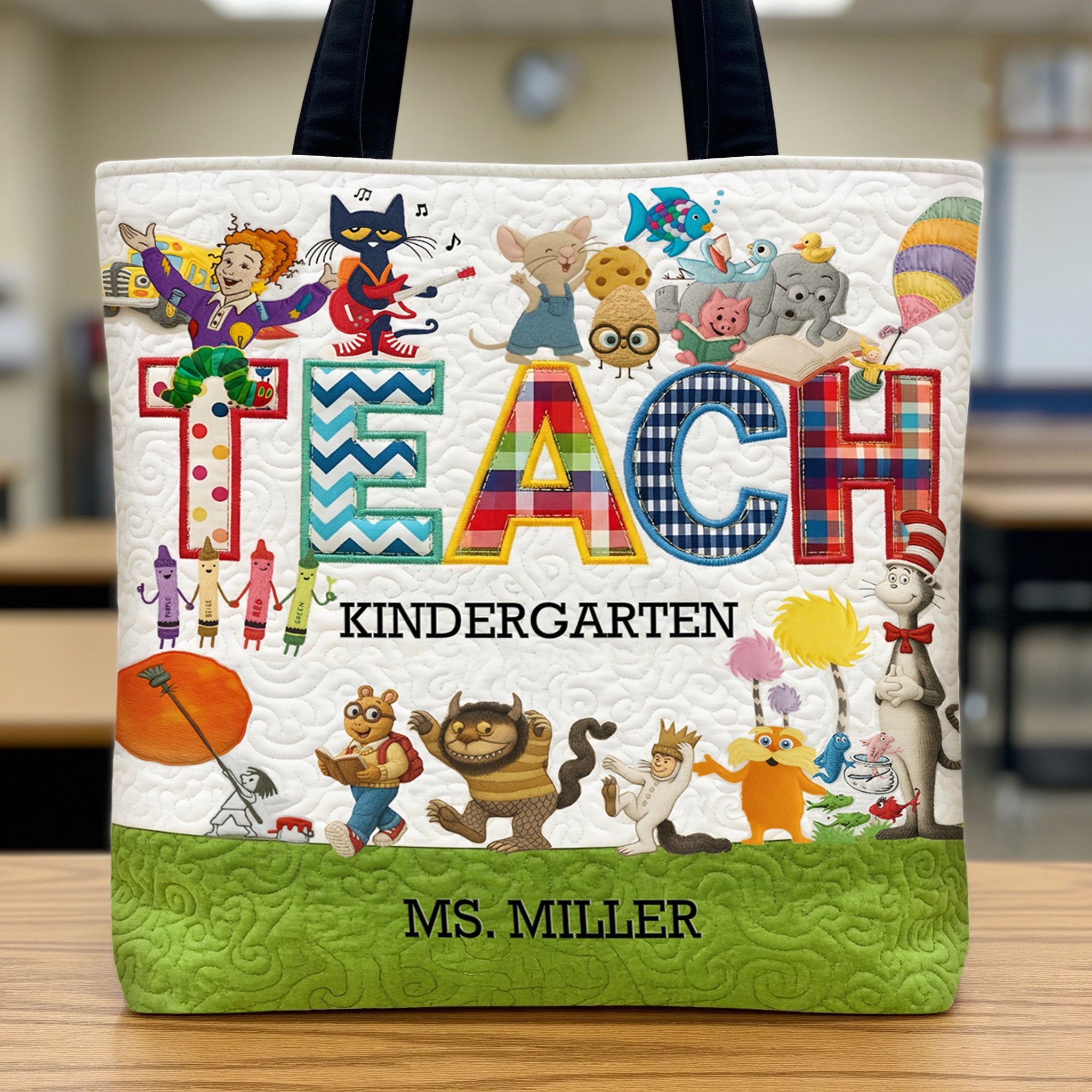 "Teach with Joy!" - Cute Children's Books Character Tote Bag - Personalized Gift for Teachers, Educators, and Book Lovers Tote Bags PopCulturePrints