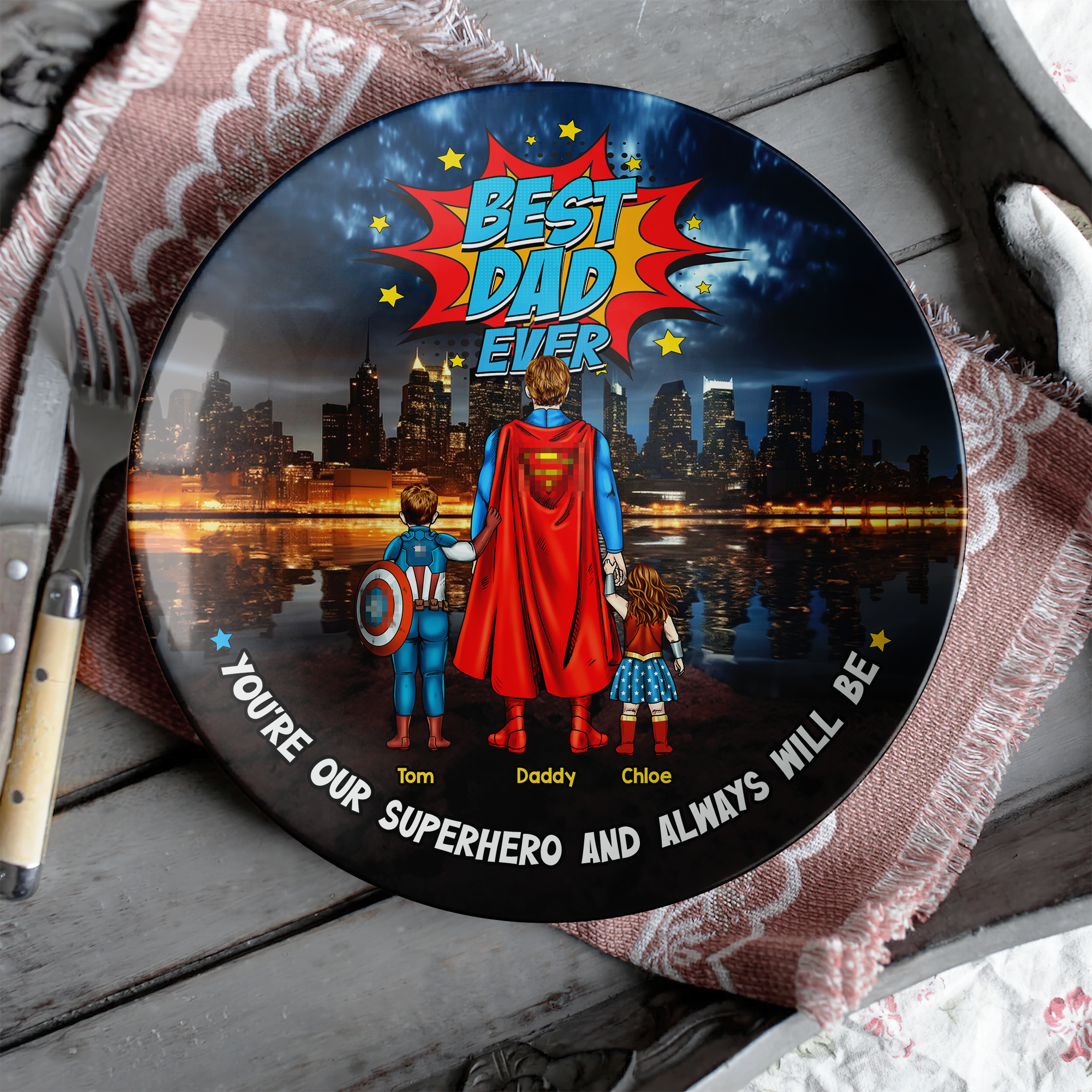 You're Our Superhero - Best Dad Ever Ceramic Round Plate - Personalized Gift for Dad, Grandpa, and Father Figures Ceramic Round Plate PopCulturePrints