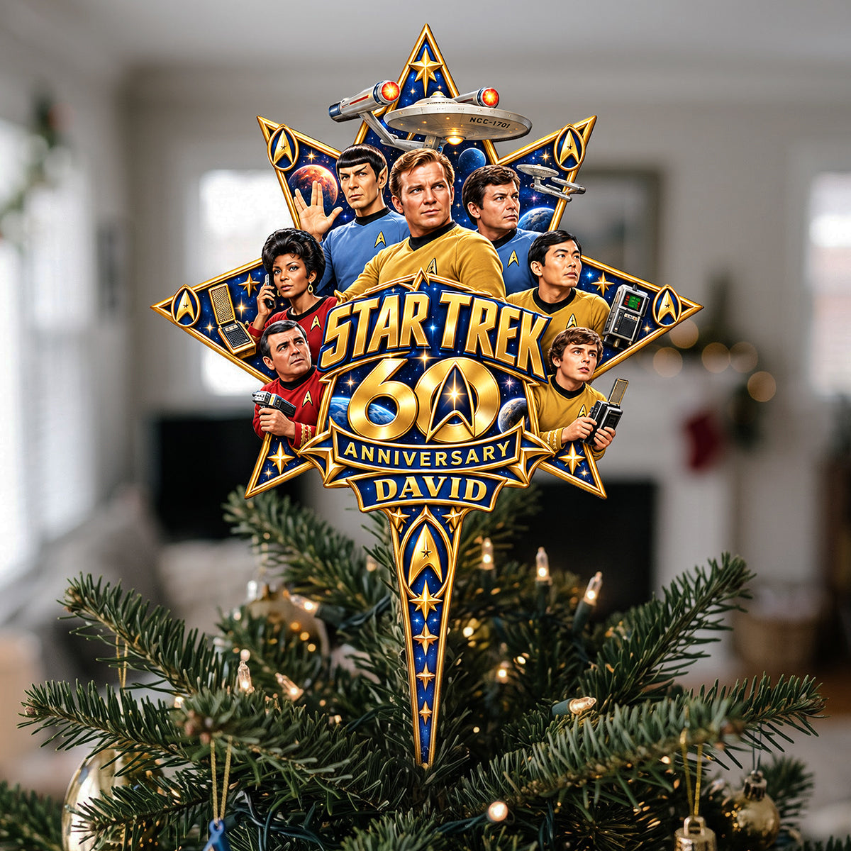 “A Journey Through the Stars” - Personalized Star Trek 60th Anniversary Christmas Tree Topper - A Unique Gift for Trekkies and Sci-Fi Fans
