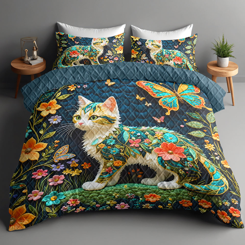 Whimsical Cat and Butterfly Quilt Bed Set - Perfect Gift for Cat Lovers Blanket PopCulturePrints