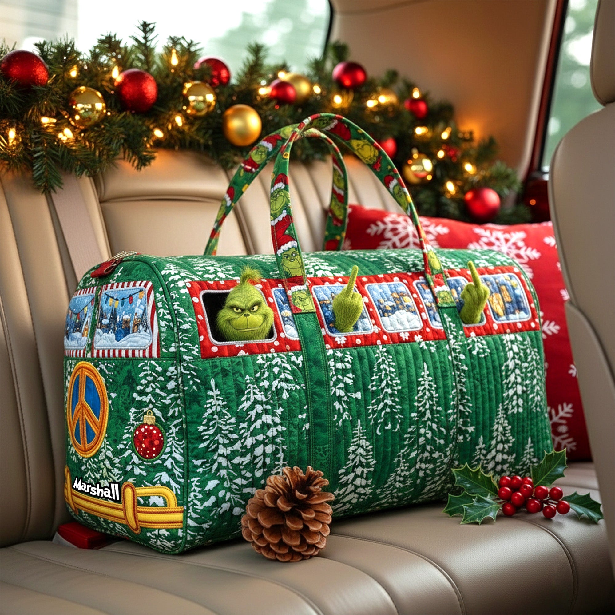 "Spread Holiday Cheer with Every Trip!" - Classic Camper Van Quilted Duffle Bag - Personalized Gift for Adventurers, Travelers, and Holiday Enthusiasts Quilted Duffle Bag PopCulturePrints