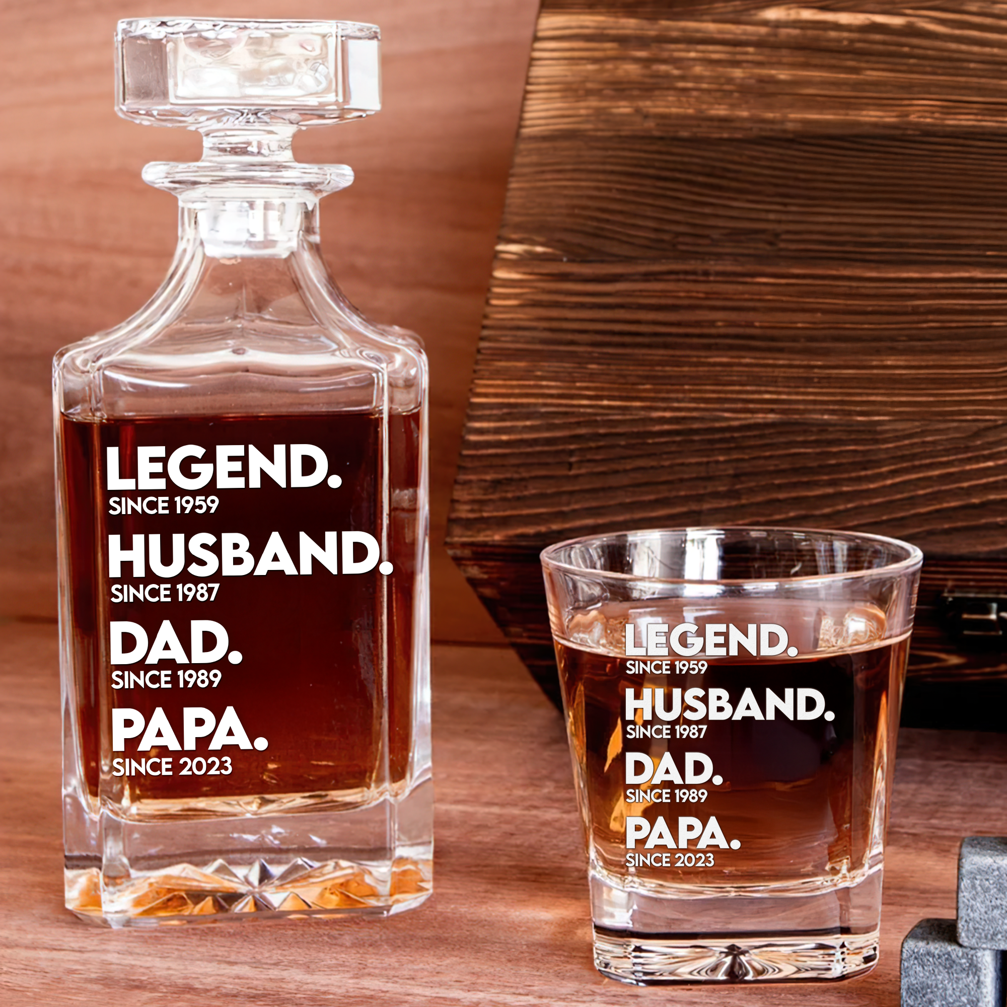 Celebrate Greatness - Personalized Dad Whiskey Decanter Set Whiskey Bottle PopCulturePrints