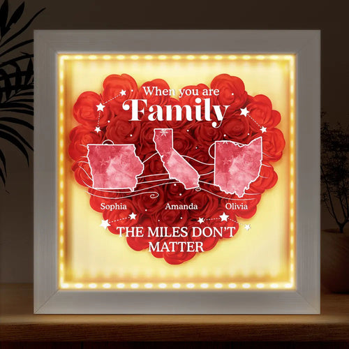 When You Are Family, The Miles Don't Matter - Personalized LED Light Flower Shadow Box - Gift for Mom, Grandma, and Loved Ones LED Light Flower Shadow Box PopCulturePrints