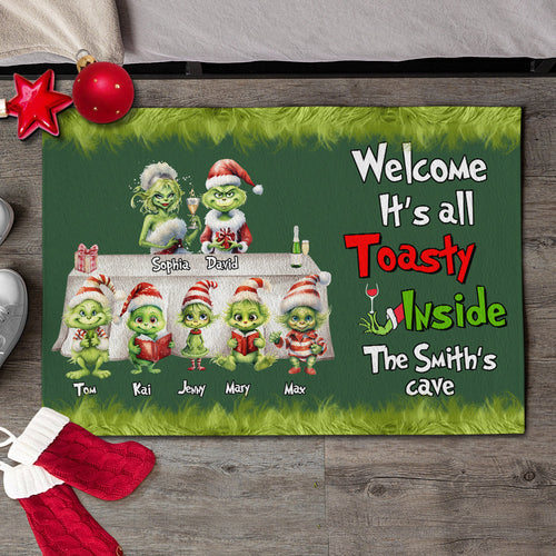 Cozy Green Monster Family Personalized Doormat - Christmas Edition Doormat PopCulturePrints