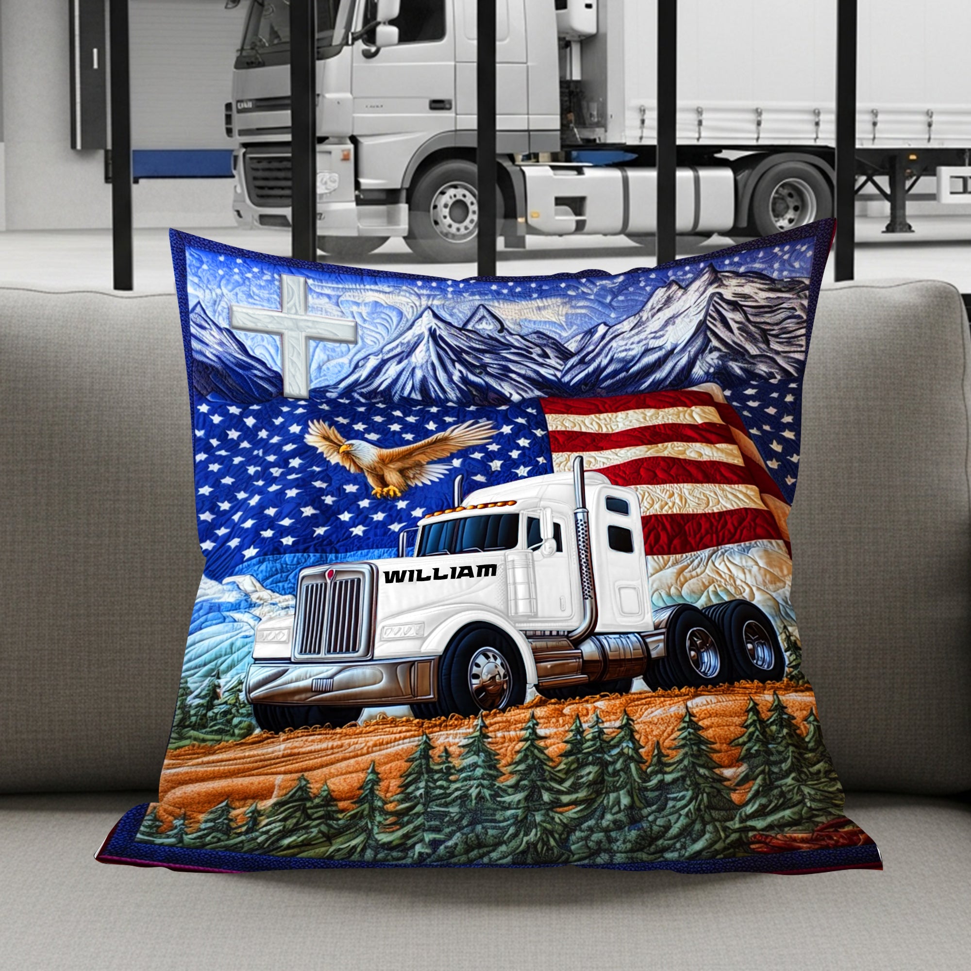 “Drive with Pride!” Personalized Trucker’s Pride Patriotic Square Pillow - Custom Gifts for Truck Lovers Pillow PopCulturePrints