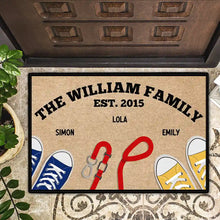 Load image into Gallery viewer, “Welcome to Our Happy Place!” - Personalized Doormat for Family &amp; Pets Doormat PopCulturePrints
