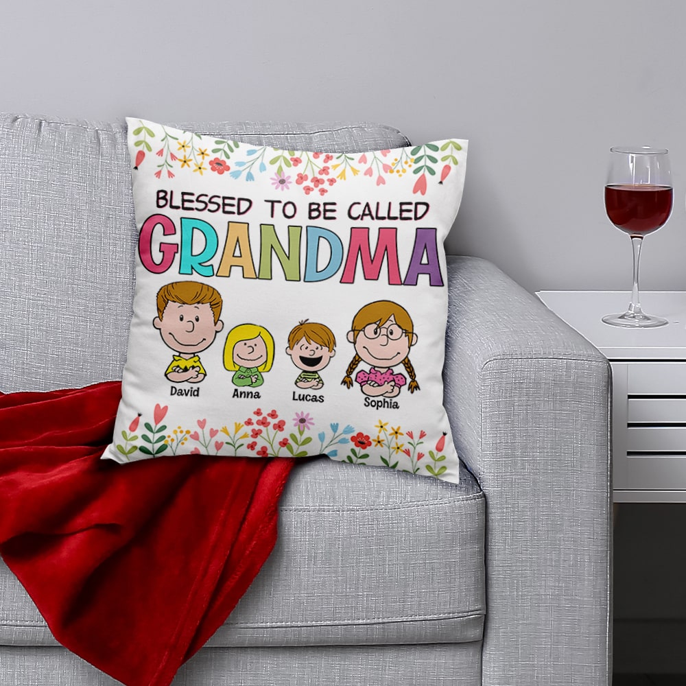 Personalized Cartoon Grandkids Pillow - Blessed To Be Called Grandma