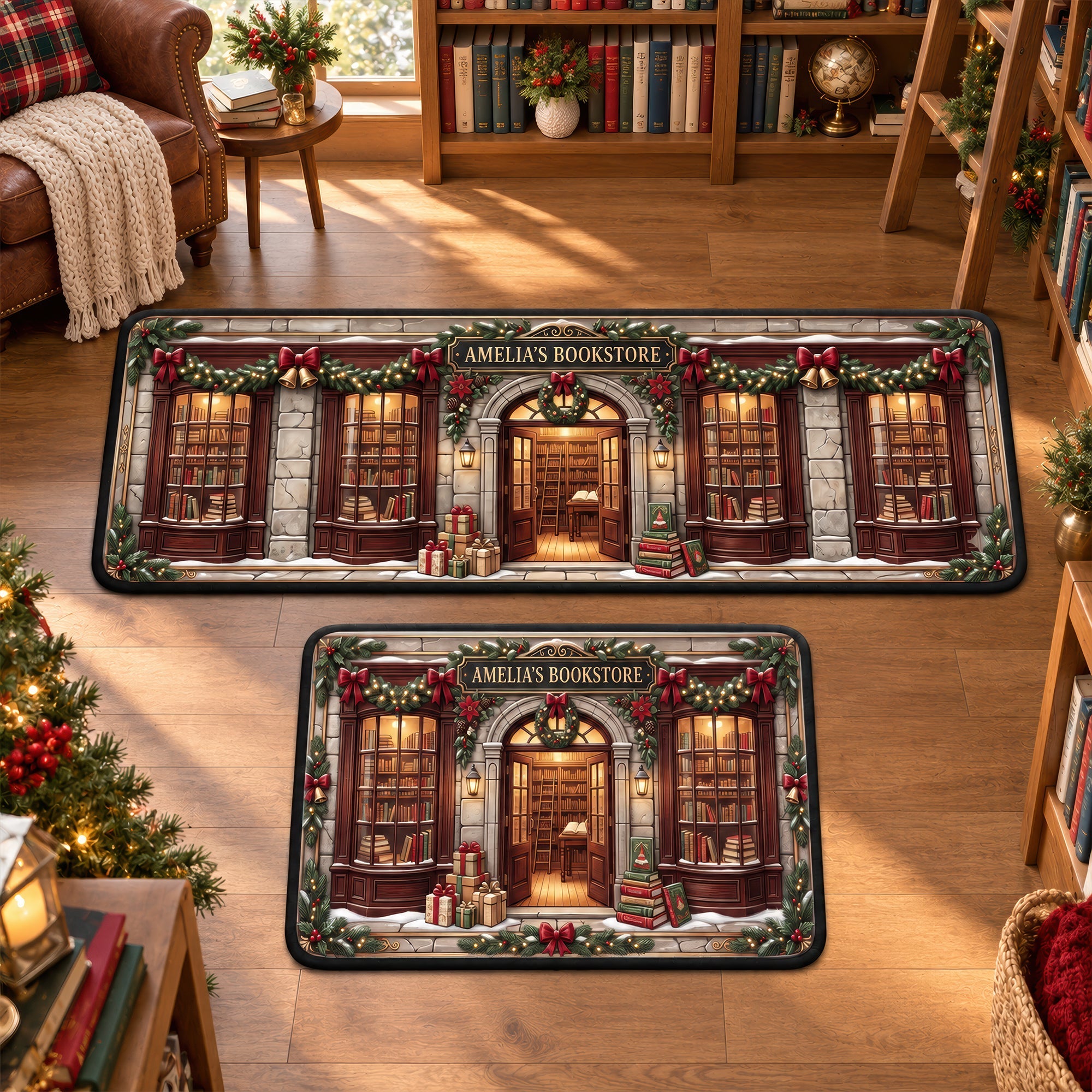 “Your Cozy Holiday Haven Awaits” - Cozy Bookstore Christmas Rug - Personalized Gifts for Book Lovers