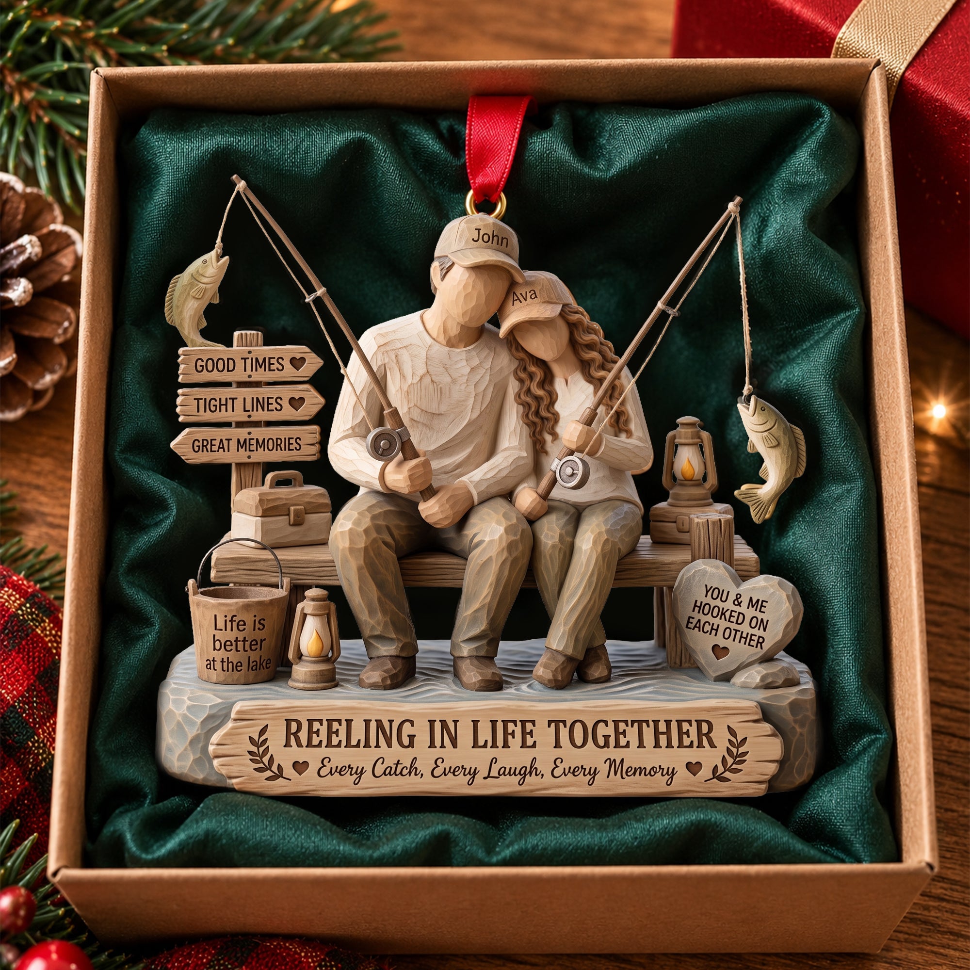 Reeling in Life Together - Personalized Fishing Couple Wood Effect Ornament