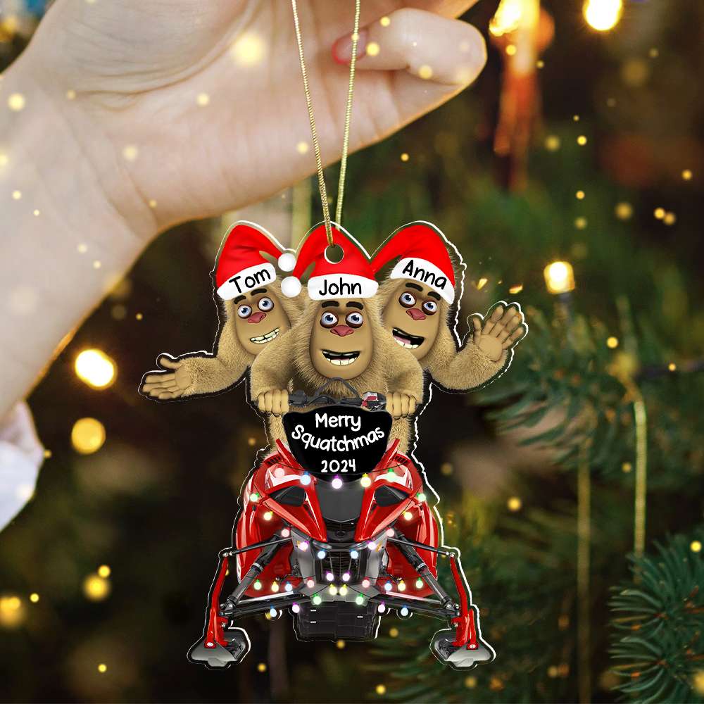 Personalized Merry Squatchmas Snowmobile Rider Christmas Ornament