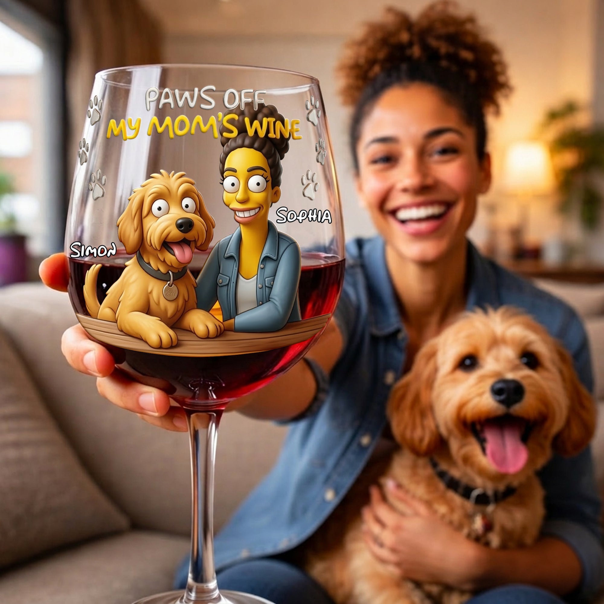 "Paws Off, My Mom's Wine!" - Fun Cartoon Drinking Glass - Personalized Gift for Dog Moms & Cat Moms Wine Glass PopCulturePrints