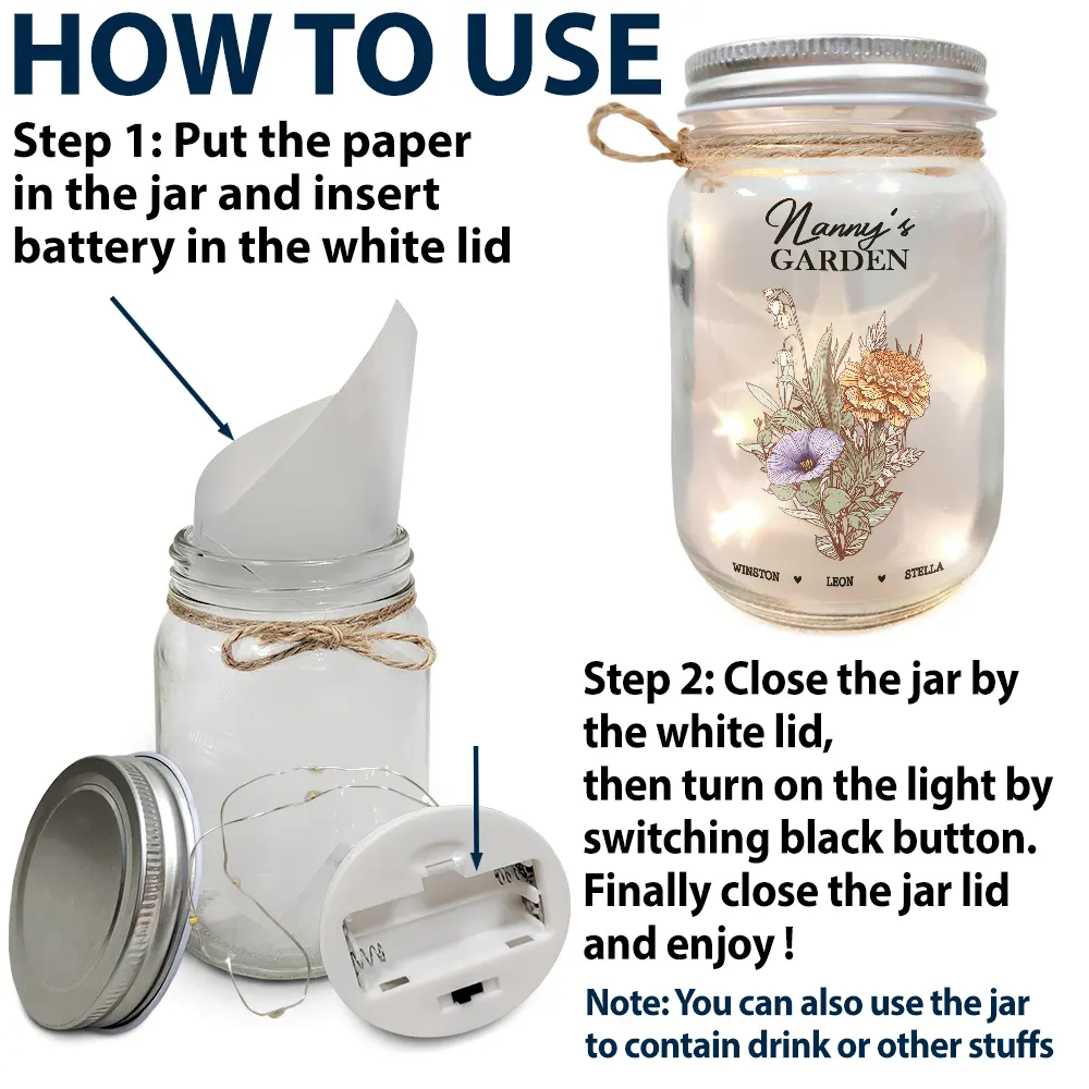 Grandma's Garden Family Birth Flower - Personalized Mason Jar Light for Mom & Grandma Mason Jar Light PopCulturePrints