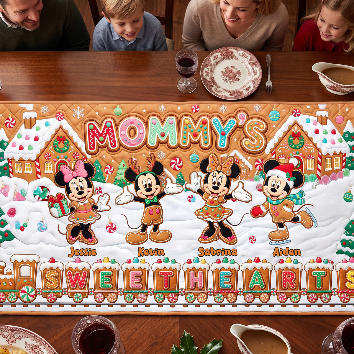 "Mommy's Sweethearts" - Personalized Gingerbread Family Quilted Table Runner - Perfect Gift for Moms and Grandmas Quilted Table Runner PopCulturePrints