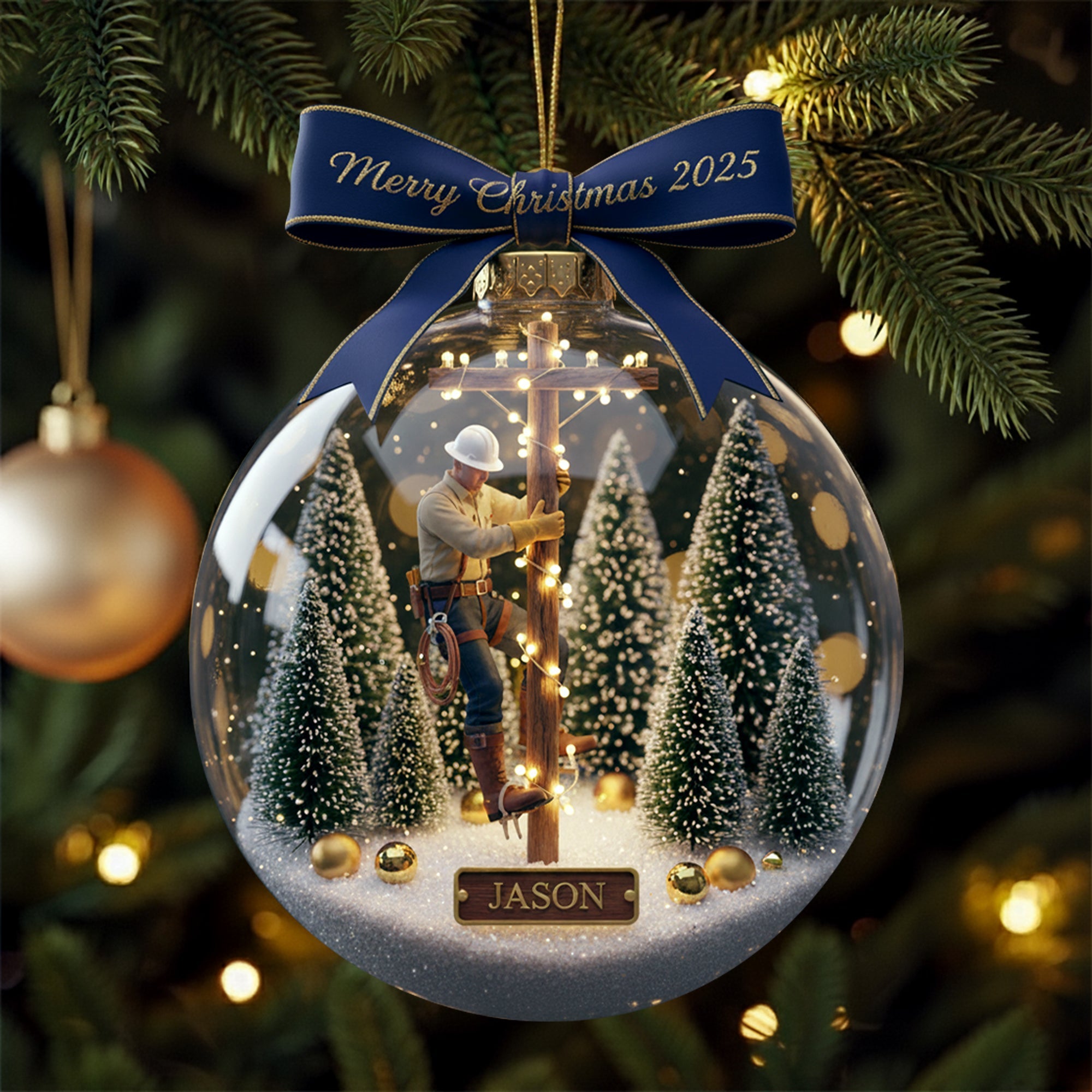 Merry Christmas 2025 - Personalized Lineman Ornament - Unique Gift for Linemen, Electricians & More Ornament PopCulturePrints