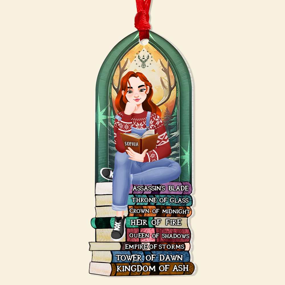 Personalized Ornament for Book Lovers - Girl Reading on Book Stack Ornament PopCulturePrints