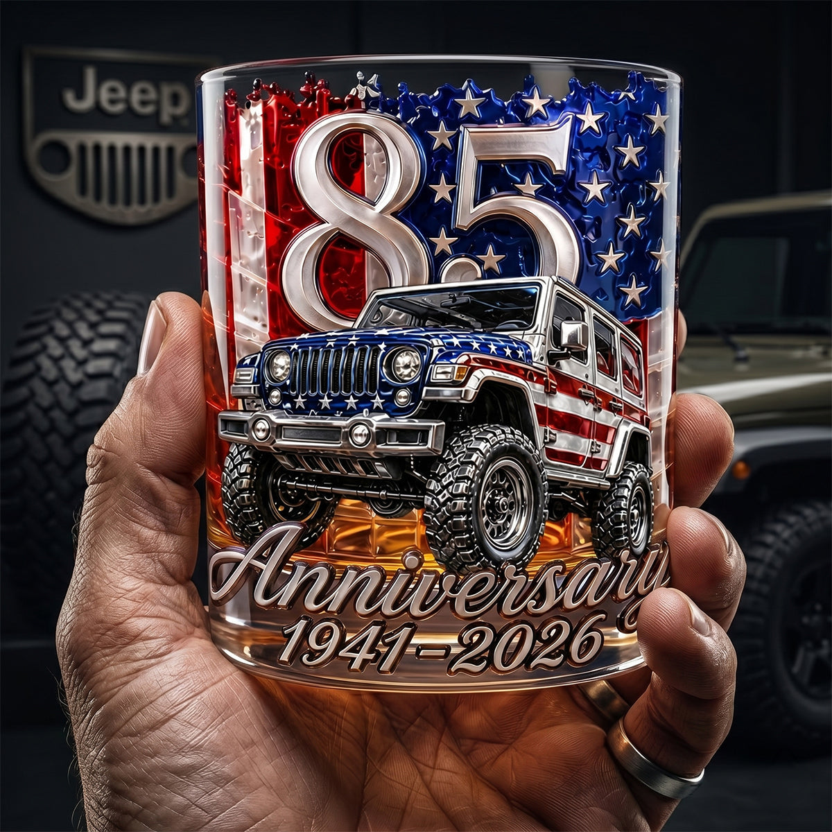 "Cheers to 85 Years!" Personalized Drinking Glass - Unique Gift for Anniversary and Jeep Lovers
