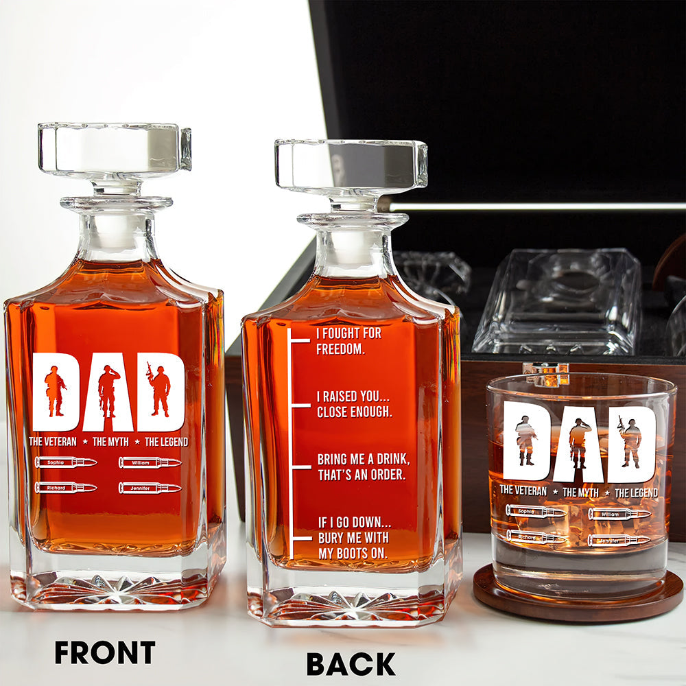 "The Veteran, The Myth, The Legend" - Personalized Whiskey Decanter Set for Dad Whiskey Bottle PopCulturePrints
