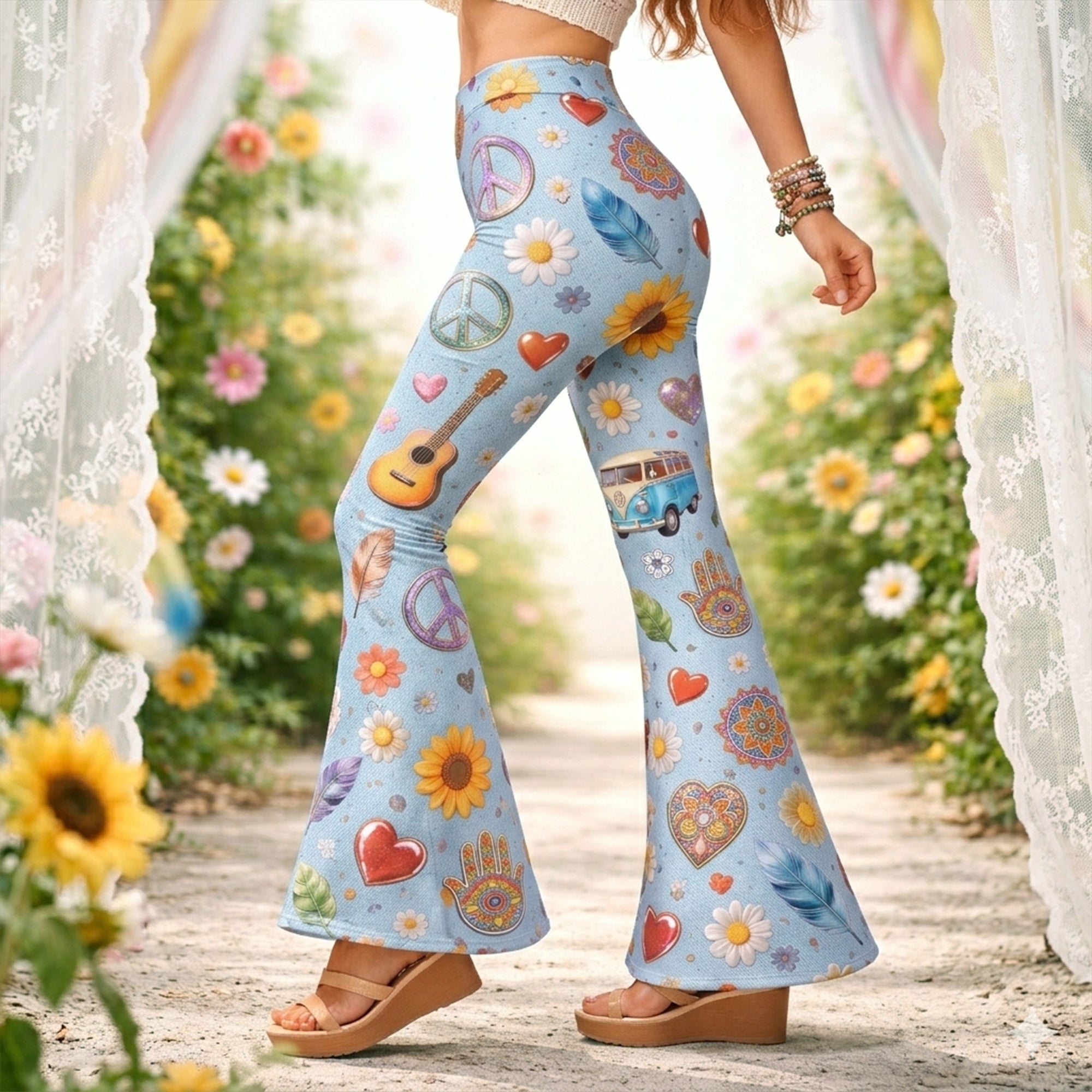 "Embrace Your Inner Flower Child: Vibrant Hippie Flare Leggings - Customizable Gift for Friends, Family, and Anyone Who Loves Boho Style" Shorts and Pants PopCulturePrints