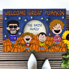 Load image into Gallery viewer, Personalized Family Halloween Doormat - Welcome Great Pumpkin
