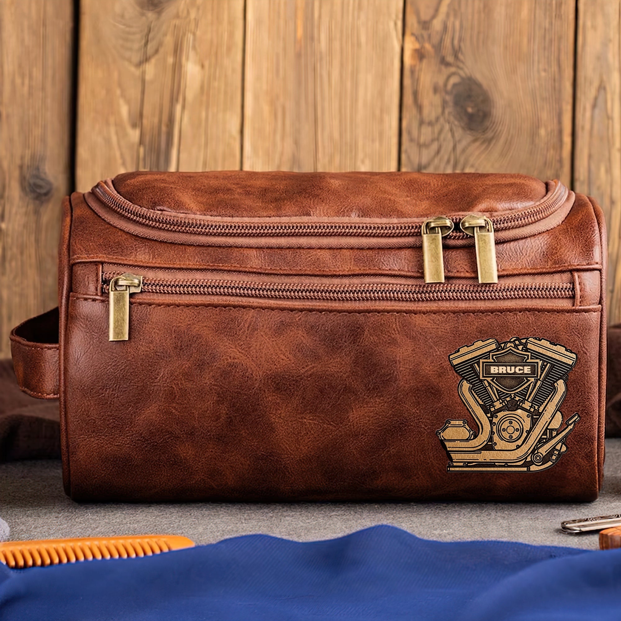 "Adventure Awaits: Personalize Your Ride" - Motorcycle Mechanical Men Leather Toiletry Bag, Perfect Gift for Bikers Toiletry Bag PopCulturePrints