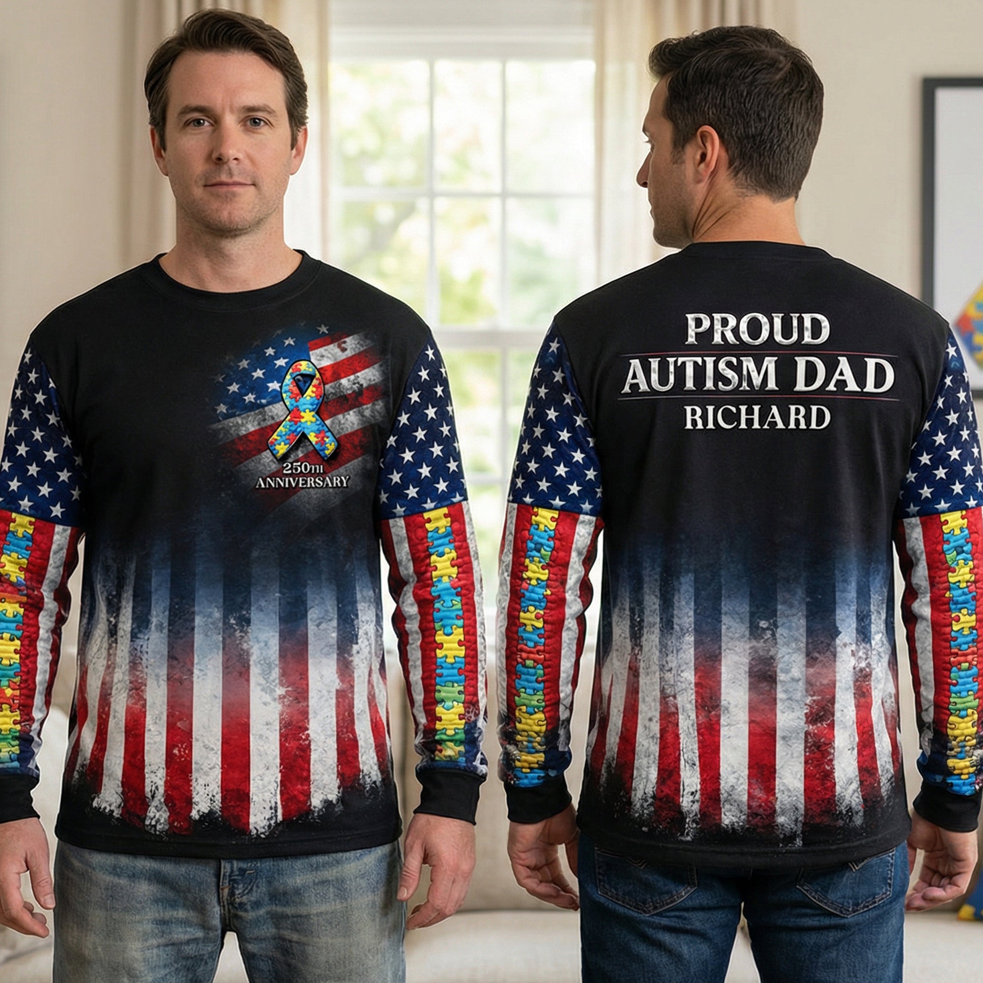 Proud Autism Parent - 250th Anniversary USA - Personalized Gift for Dads, Moms, and Family AOP Products PopCulturePrints