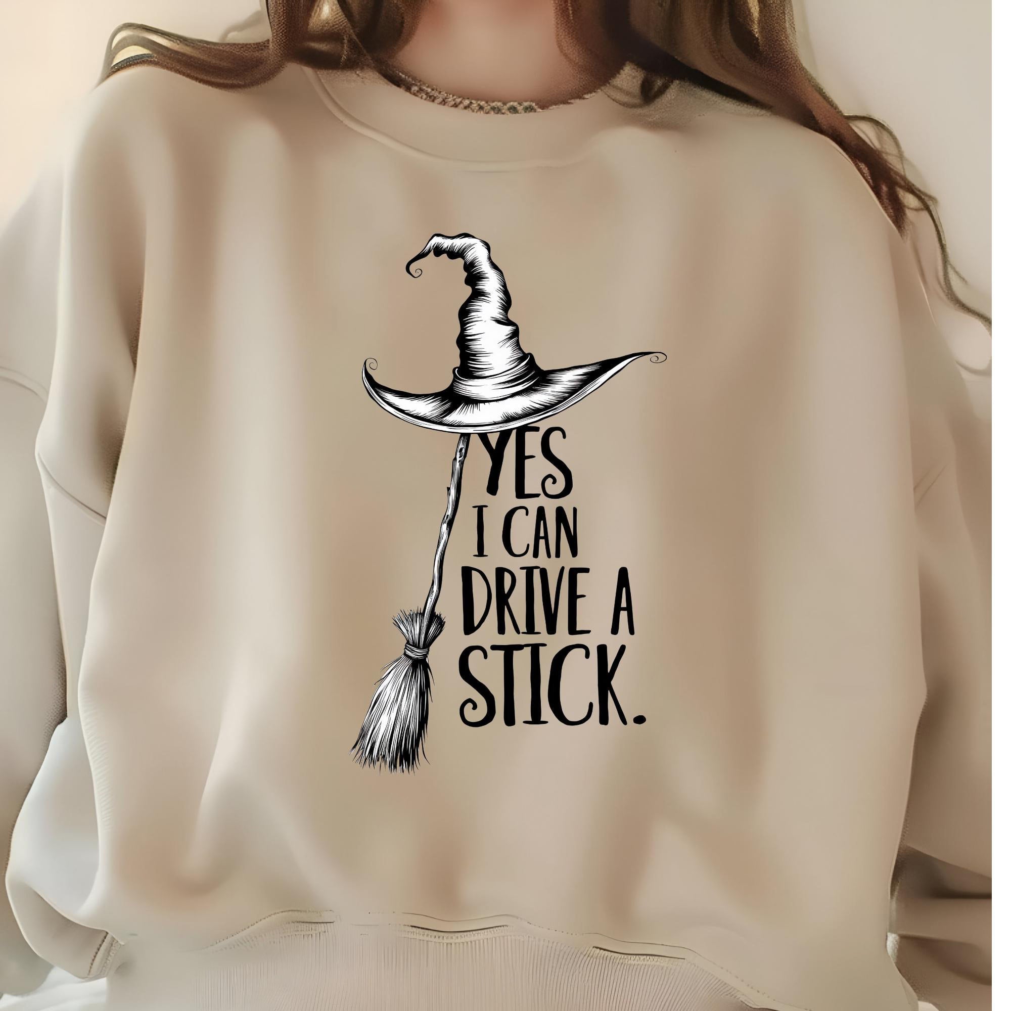 Yes I Can Drive a Stick - Funny Witch Shirt - Customizable Gift for Girlfriend, Wife, or Halloween Enthusiasts Shirts PopCulturePrints