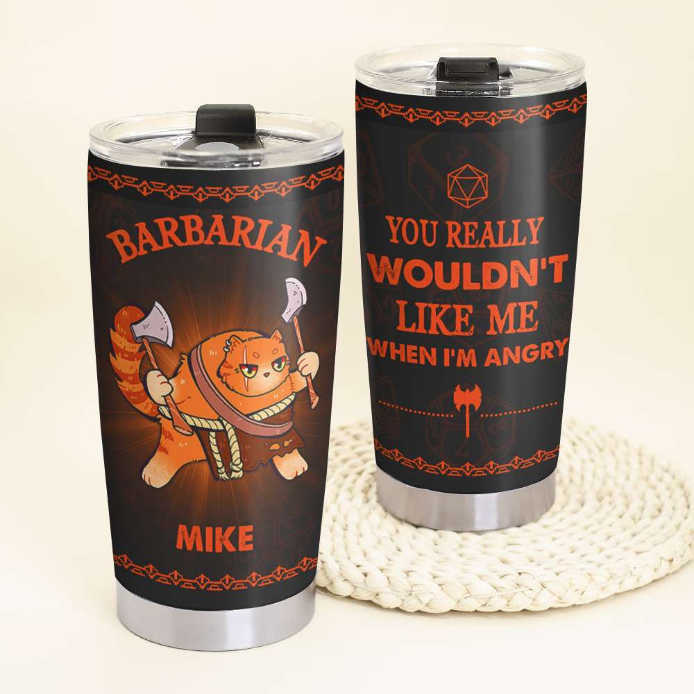 Customizable Barbarian Cat Gamer Tumbler - Personalized Gift for Cat Lovers