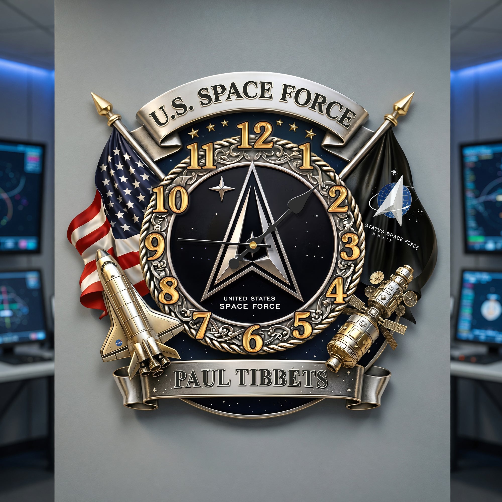 “Time is the Essence of Valor” - Personalized Space Military Hanging Clock - Unique Gift for Veterans and Space Enthusiasts