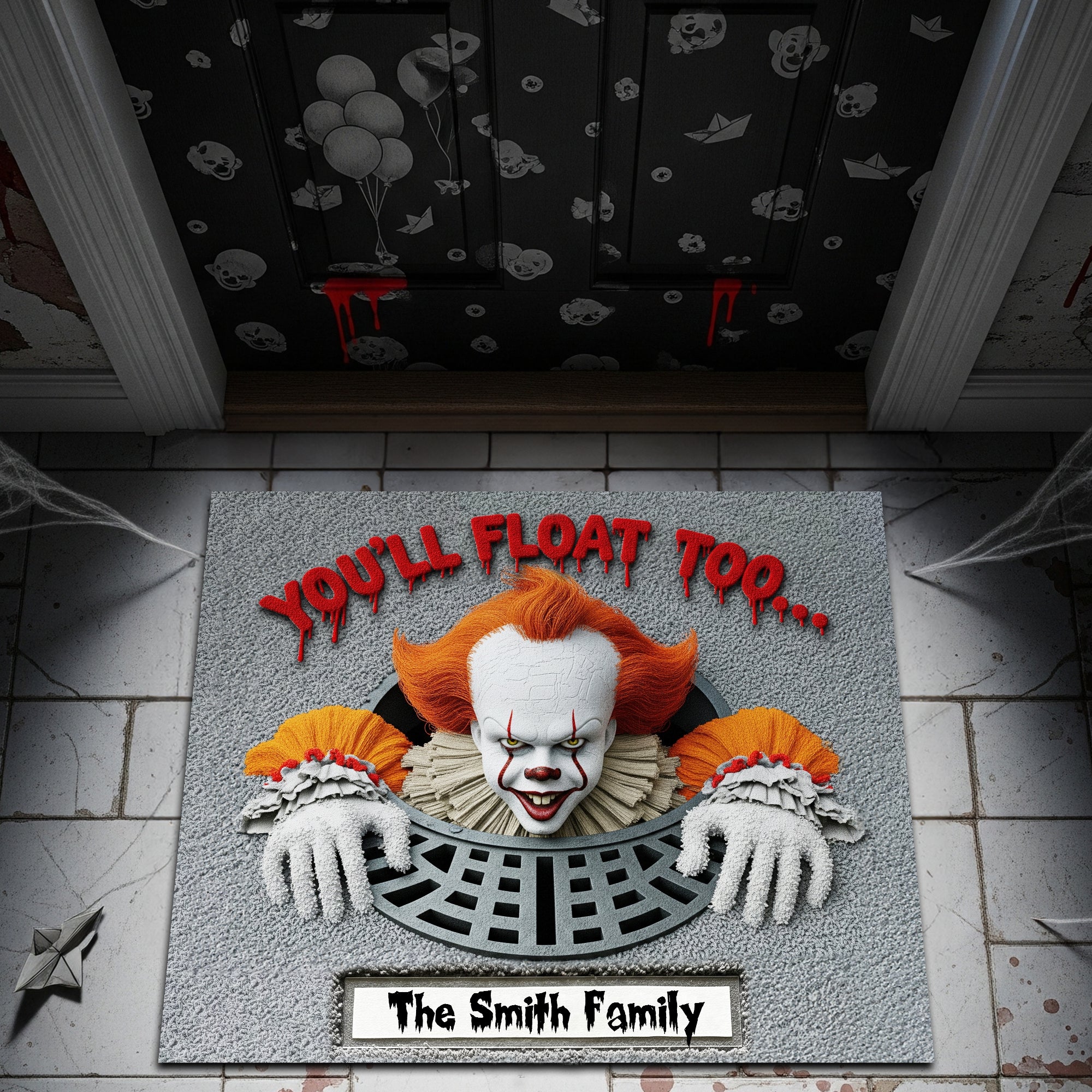 You'll Float Too... - Personalized Horror Sewer Halloween Doormat Doormat PopCulturePrints