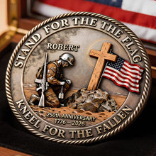 Load image into Gallery viewer, "Stand for the Flag, Kneel for the Fallen" - Military 250th Anniversary Personalized Metal Coin - Custom Gift for Veterans and Patriots Coin PopCulturePrints
