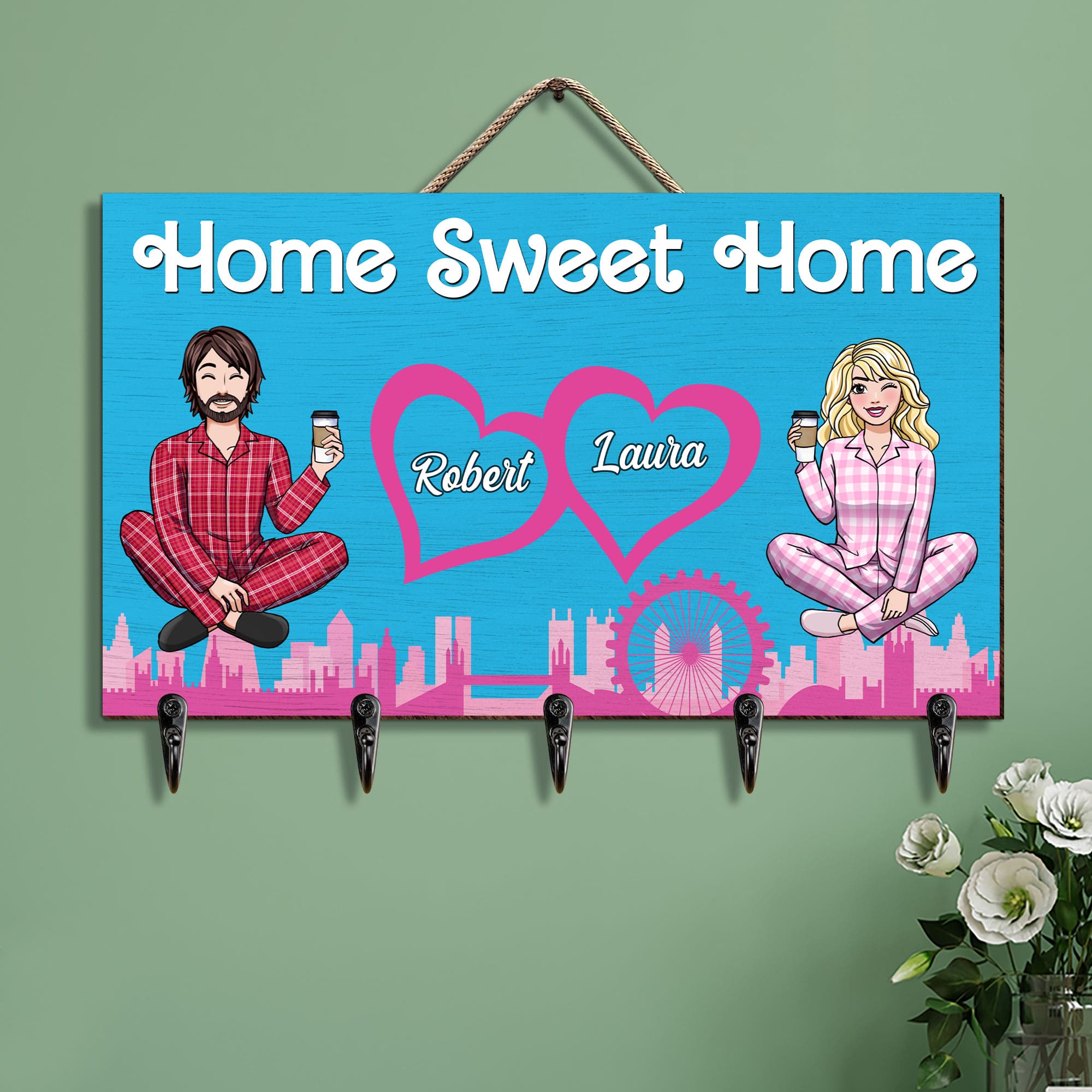 Personalized Couple's Key Hanger - Home Sweet Home | Valentine's Day Gifts Wood Sign PopCulturePrints