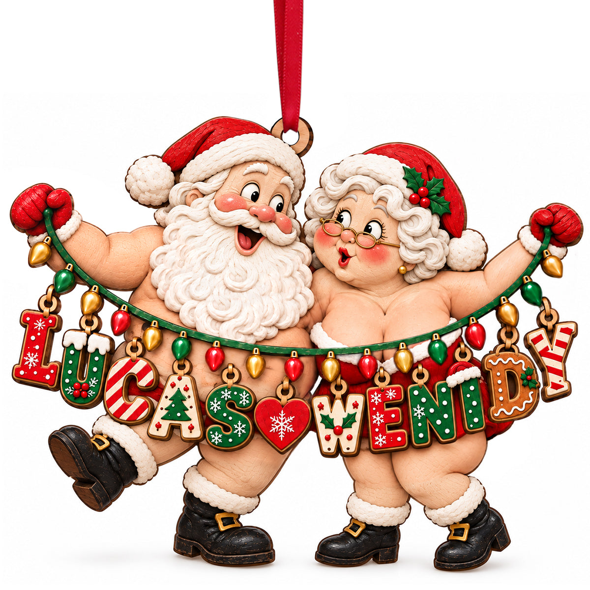 “Celebrate Love with a Touch of Festivity” - Personalized Name Art Fun Santa Couple Ornament - Custom Christmas Gift for Couples