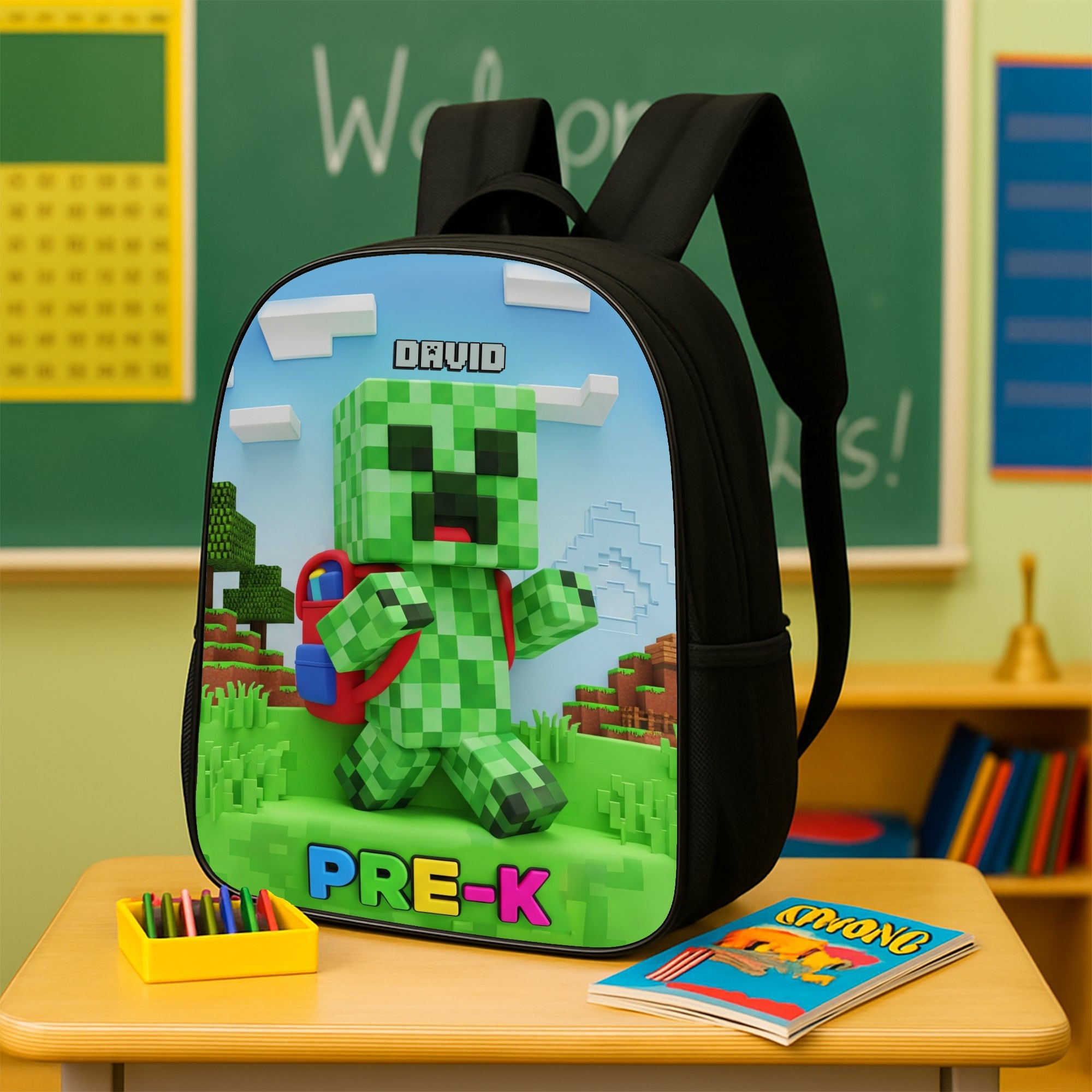 Unleash Adventure with Our Personalized Green Pixel Hero School Bag - Perfect Gift for Kids! Backpack PopCulturePrints